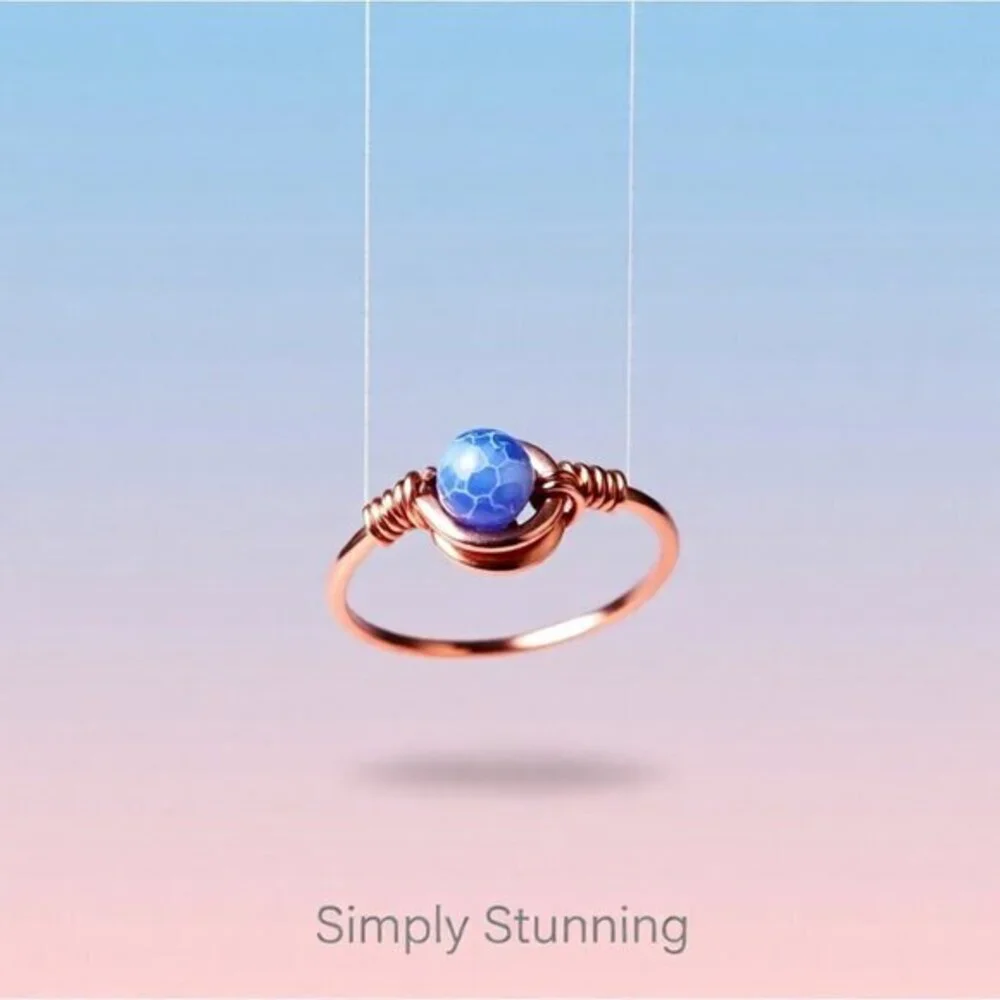 Slim! Dainty! Blue Agate Gemstone Ring + Durable Copper! Sz 5.5 - Custom Size OK